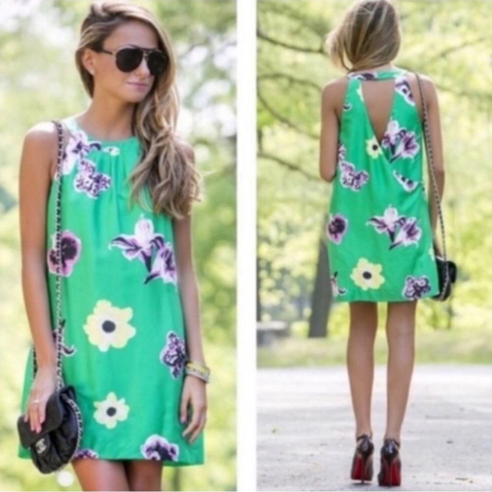 J.Crew Size 10 green silk halter dress yellow floral tropical print dress